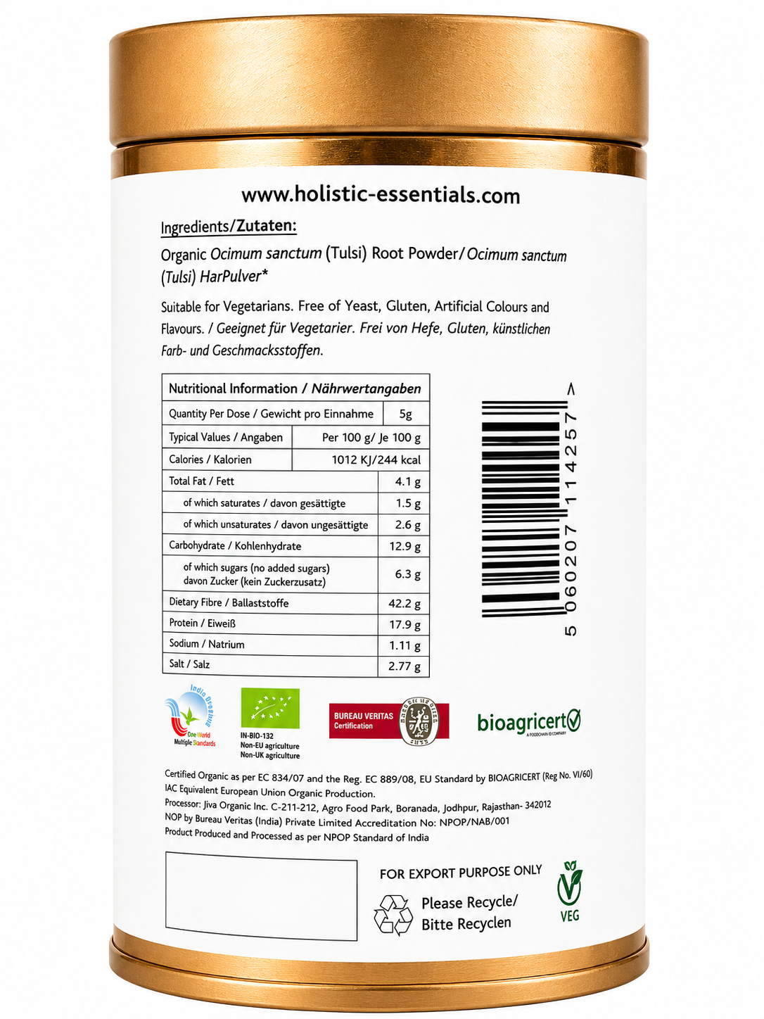 Pure & Natural Organic Tulsi Powder - 350G | Holistic Essentials Europe - Ingredients