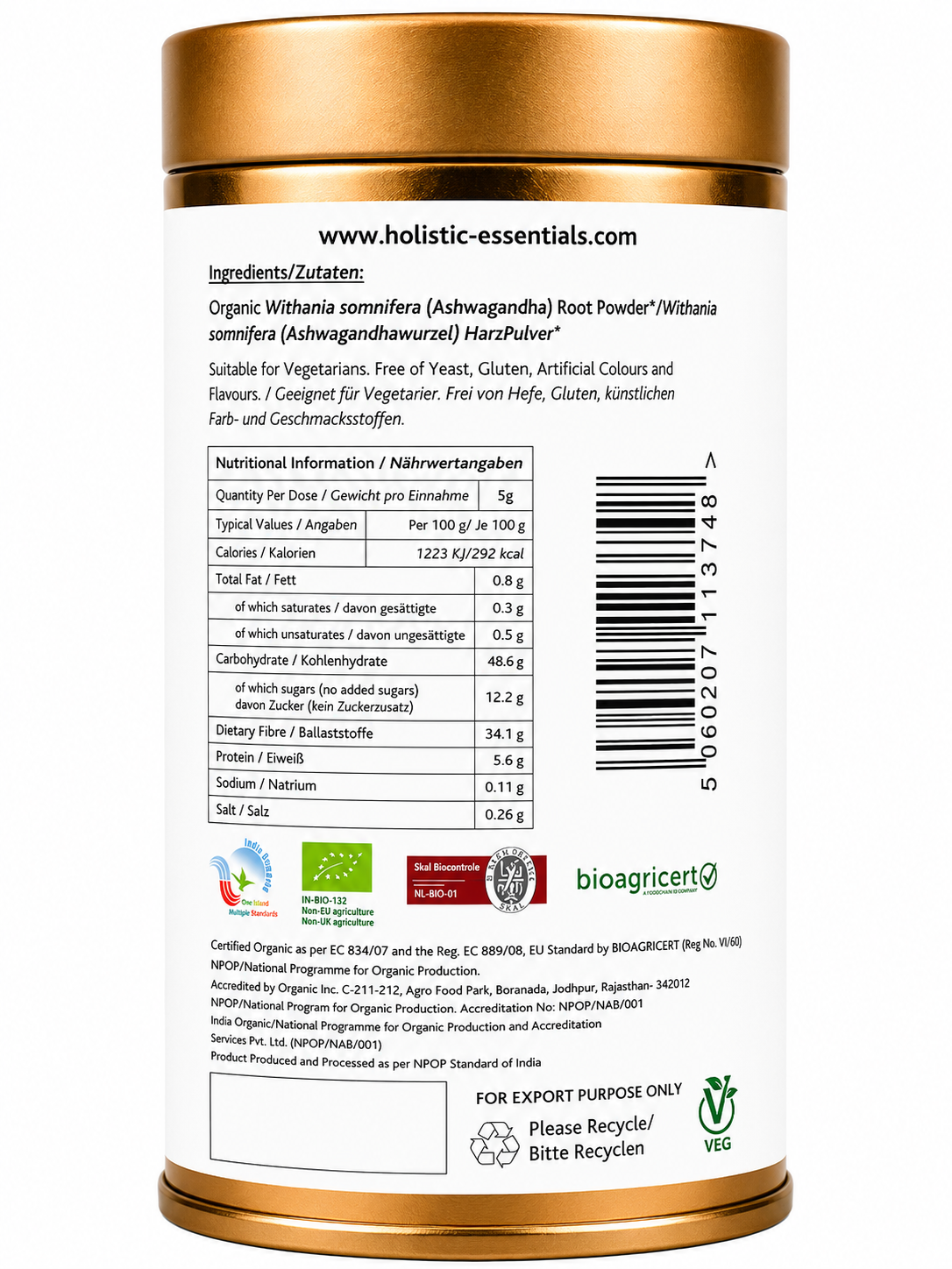Bio Ashwagandha Kräuterpulver (500g)