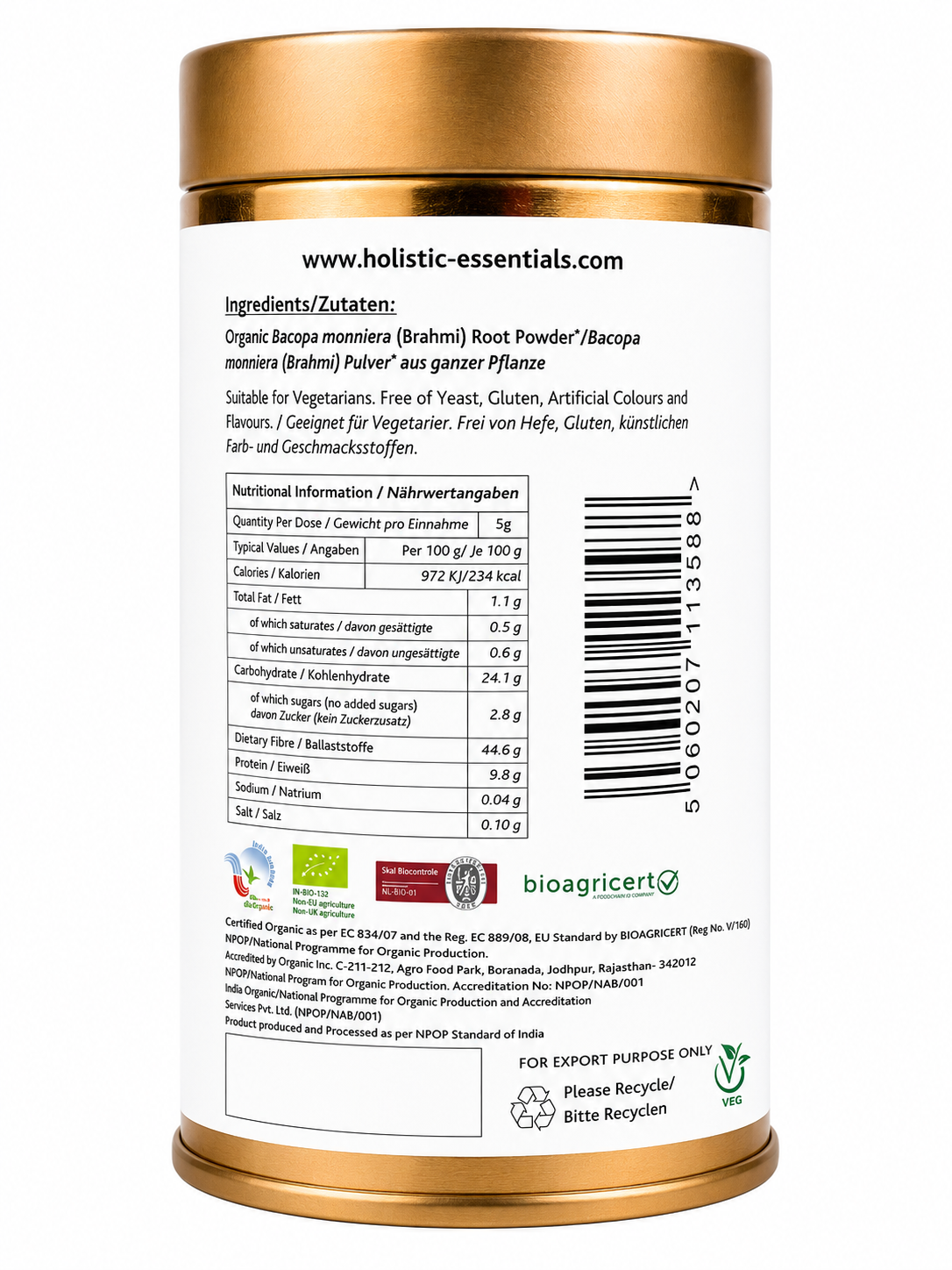 Organic Brahmi Powder | Holistic Essentials Europe - Ingredients