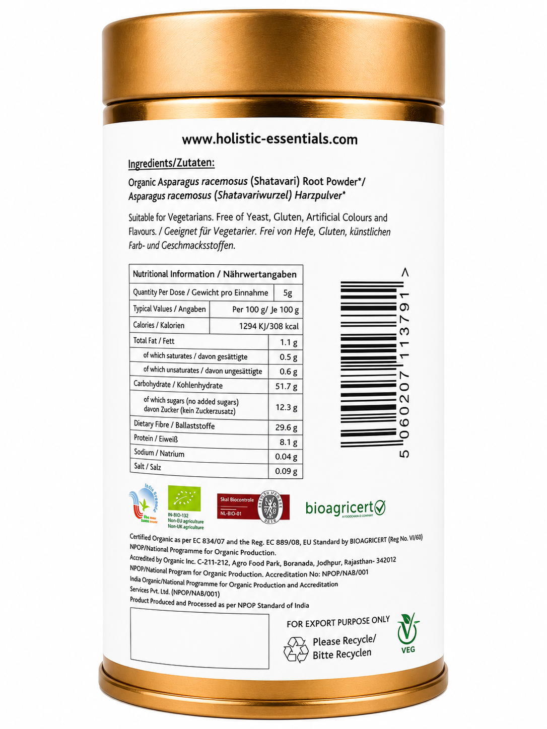 Organic Shatavari Powder- 350g | Holistic Essentials Europe - Ingredients