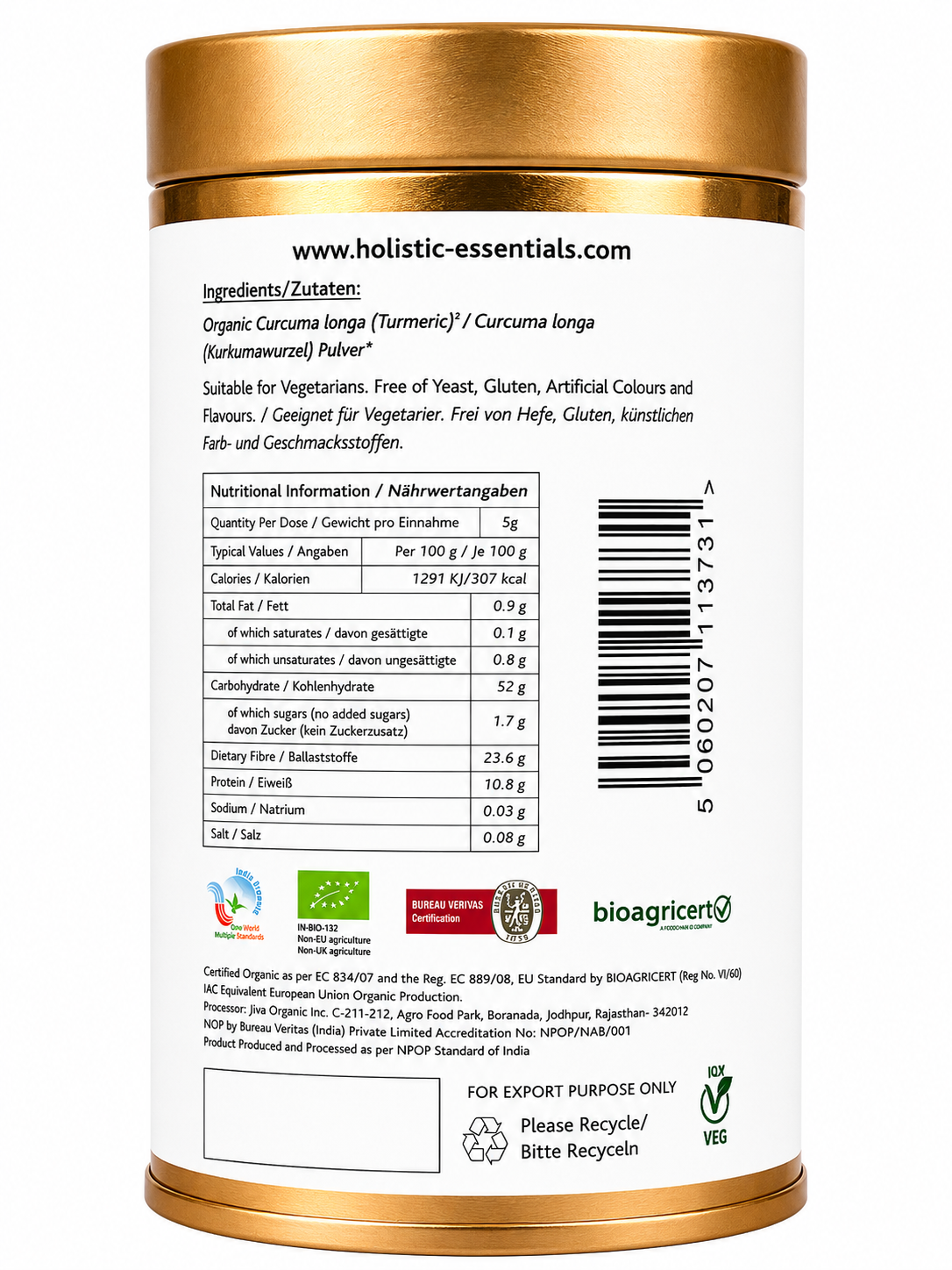Organic Turmeric Powder -500g | Holistic Essentials Europe - Ingredients
